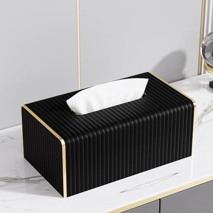 Tissue Box Cover,Black Rectangle PU Leather Tissue Holder with Gold-Tone Edging Accents,Tissue Box Cover for Bathroom Toilet Bedroom Living Room Table Desk Office,Countertop - color: Black, size: Rectangle Standard