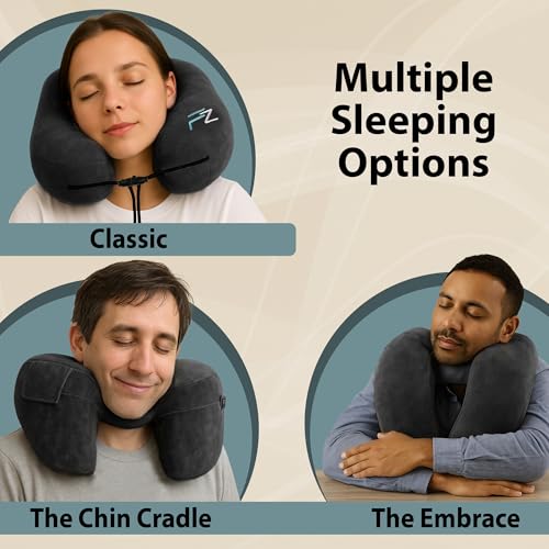 FLOWZOOM Air Inflatable Neck Pillow for Traveling on Plane - H-Shape Hooded Airplane Pillow with 5 Snooze Modes, Fast Inflation, Pressure Control, Cozy Clip-On Hood & Plushy Cover - Size L, Jet Black - color: Jet Black