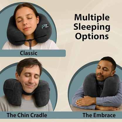 FLOWZOOM Air Inflatable Neck Pillow for Traveling on Plane - H-Shape Hooded Airplane Pillow with 5 Snooze Modes, Fast Inflation, Pressure Control, Cozy Clip-On Hood & Plushy Cover - Size L, Jet Black - color: Jet Black