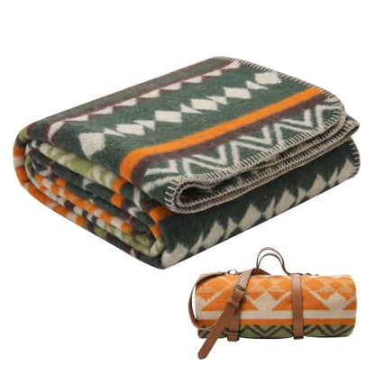 PuTian 100% Wool Blanket - Camping Outdoor Blanket, Geometric Green - color: Geometric Pattern Green, size: 63" × 87"