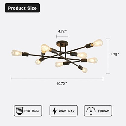 ZGLAOJT Black Semi Flush Mount Ceiling Light Fixture，9 Light Modern Metal Chandelier，Ceiling Light for Kitchen Farmhouse Island Dining Room Bedroom - color: Black, size: 9-Light