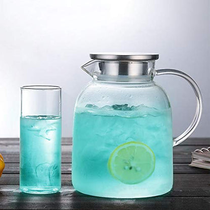 Hedume 2 Liter Glass Pitcher With Lid and Handle - Heat Resistant Beverage Carafe for Iced Tea, Wine, Coffee, Milk and Juice (68 Ounces)
