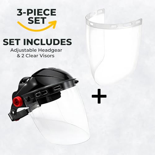 Cap Style Headgear with 2 Clear Tapered Face Shield Visors – Adjustable Headgear with 9" x 15.5" Wraparound PETG Shields – ANSI Z87.1 Safety Face Shield for Grinding, Cutting and Welding - color: Clear, 3 Pack a