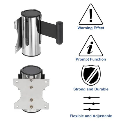 MECCANIXITY Wall Mount Retractable Belt Barrier 6.56ft Crowd Control Belts - color: Silver/Black, size: 6.56 ft