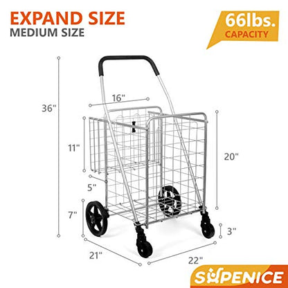 Grocery Utility Shopping Cart - Deluxe Folding Cart with Double Basket and 360° Rolling Swivel Wheels 66 lbs Utility Cart with Wide Cushion Handle Bar for Grocery Laundry Book Luggage Travel - size: Medium