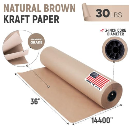 36" Paper Dispenser with Cutter + 30 lb Natural Brown Kraft Paper Roll - color: 1 Roll + Dispenser, size: 36" x 1200' 30 Lb