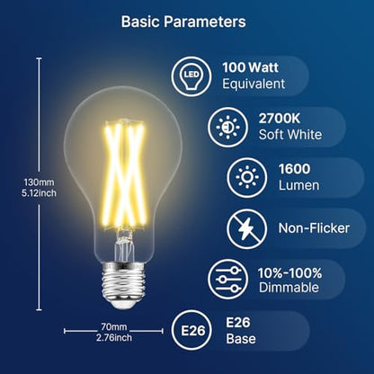 FLSNT 100W Equivalent Dimmable A21 LED Light Bulbs, Efficient 12W, 1600Lumens, 2700K Soft White, CRI90, E26 Medium Base, Clear Glass, 4 Pack - color: 100w 2700k Soft White, size: 4 Count (Pack of 1)