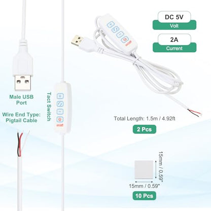 PATIKIL 4.92ft LED Strip Dimmer Switch, 2set DC 5V Button USB Inline Switch Pigtail Cable Brightness Adjustable Controller with Tape for LED Rope Light, White - color: White