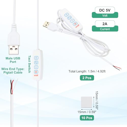 PATIKIL 4.92ft LED Strip Dimmer Switch, 2set DC 5V Button USB Inline Switch Pigtail Cable Brightness Adjustable Controller with Tape for LED Rope Light, White - color: White