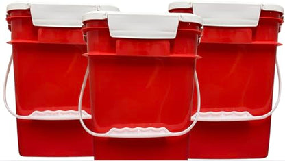 House Naturals 4 Gallon Square Food Grade Bucket Pail with Plastic Handles and Lid (Pack of 3) Made in USA containers (RED-White Lids) - color: Red-white Lids