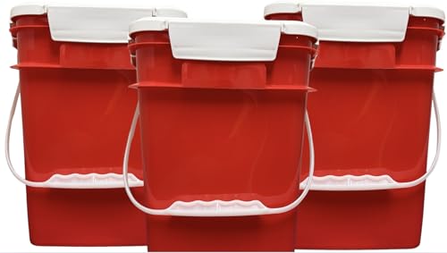 House Naturals 4 Gallon Square Food Grade Bucket Pail with Plastic Handles and Lid (Pack of 3) Made in USA containers (RED-White Lids) - color: Red-white Lids