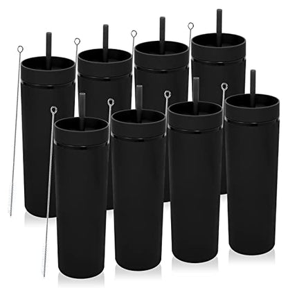 Volhoply 20oz Tumbler with Lid and Straw 8 Pack,Double Wall Plastic Skinny Tumblers Bulk,Reusable Travel Cute Coffee Mug,BPA Free Matte Acrylic Water Cups With Straw for Party,DIY Gifts(Black,8 Set) - color: Black