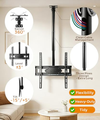 39” Ceiling TV Mount for 26-65 Inch TVs, Heavy Duty Hanging Mount