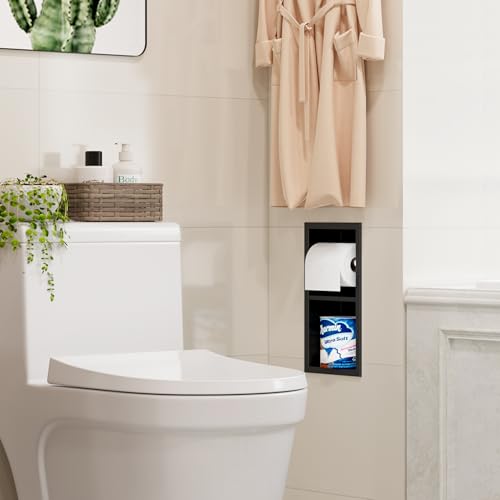 Qeke Recessed Toilet Paper Holder, Dual Rolls Tissue Toilet Holder, Black - color: Matte Black