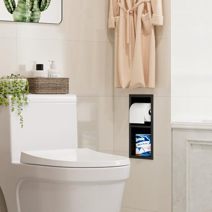 Qeke Recessed Toilet Paper Holder, Dual Rolls Tissue Toilet Holder, Black - color: Matte Black