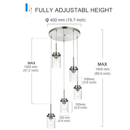 MELUCEE 5-Light Cluster Pendant Lights Stairwell Lighting Brushed Nickel - color: Brushed Nickel, size: 5 Lights-1 Pack Round