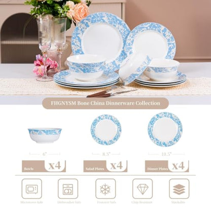 Bone China Dinnerware Set for 4, 12 Pcs White Plates and Bowls, Blue Rim - color: Light Blue