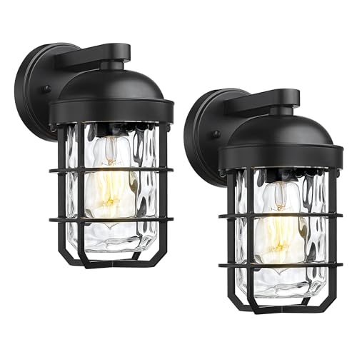 Emliviar Cylinder Outdoor Wall Lights Set of 2, 11" Black Outside Lamps Wall Mount for Porch, Garage, Front Door, E26 Socket with Water Ripple Glass, GE255BL-2PK BK-WG - color: Black - Water Ripple Glass, size: 11.3 Inch