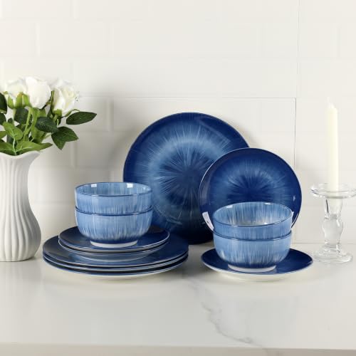 Sweejar Ceramic Dinnerware Service of 4,12 pcs Plate and Bowls for Kitchen - color: Blue, style: Service for 4 (12PCS)