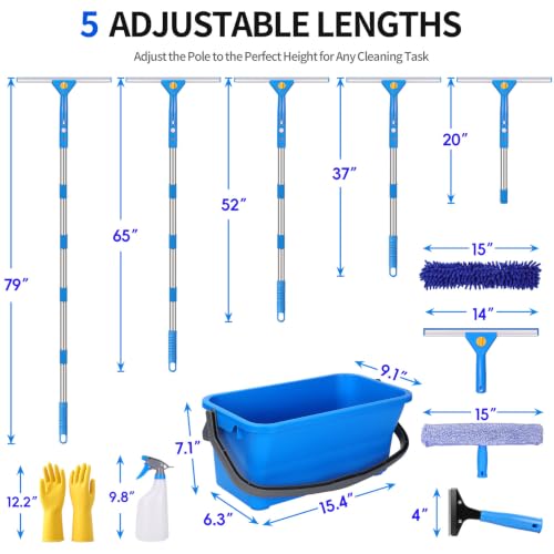 Window Cleaning Kit - 14pc Window Cleaner Tools, 79” High Window Squeegee with Extension Pole for Safe Outdoor Washing, Window Washing Kit with All Necessary Tools