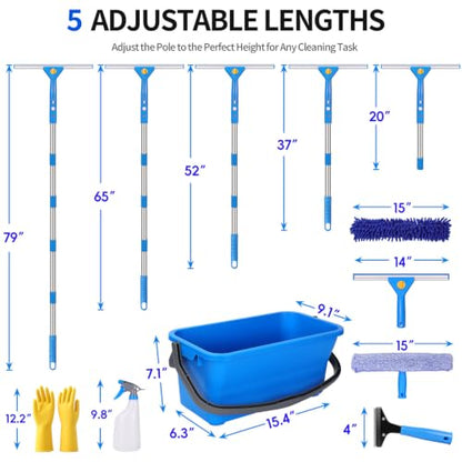 Window Cleaning Kit - 14pc Window Cleaner Tools, 79” High Window Squeegee with Extension Pole for Safe Outdoor Washing, Window Washing Kit with All Necessary Tools