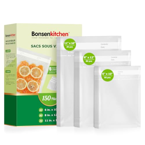 Bonsenkitchen Vacuum Sealer Bags, 150 Count, BPA Free, Food Storage - size: 6" x 10" and 8" x 12" and 11" x 16" 150pcs