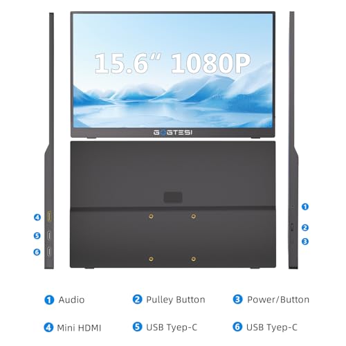 15.6 Inch Portable Monitor, 1080P FHD USB-C HDMI External Display, 250nit IPS HDR Travel Screen with Smart Stand & Speakers for Laptop PC Mac Phone Xbox Switch