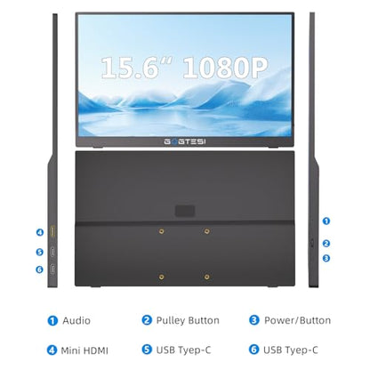 15.6 Inch Portable Monitor, 1080P FHD USB-C HDMI External Display, 250nit IPS HDR Travel Screen with Smart Stand & Speakers for Laptop PC Mac Phone Xbox Switch
