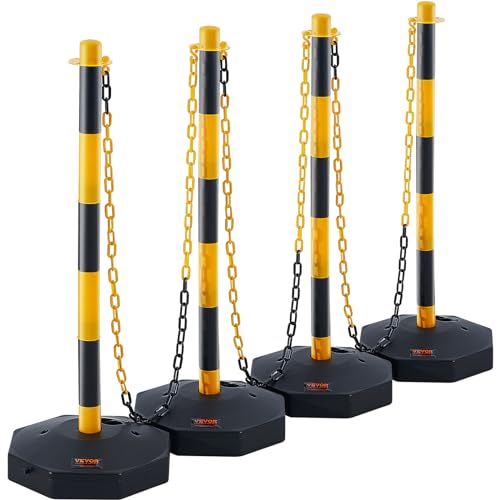 VEVOR Adjustable Traffic Delineator Post Cones, 4 Pack, Traffic Safety Delineator Barrier with Fillable Base 8FT Chain, for Traffic Control Warning Parking Lot Construction Caution Roads, Yellow&Black - color: Black & Yellow, size: 4 Pack