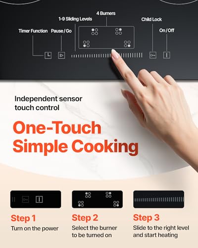 VEVOR LT4-77 Built in Electric Ceramic 23.2 x 20.5 inch Stove Top, 240V Glass Radiant Cooktop with Touch Control, Timer & Child Lock, 9 Power Levels for Simmer Steam Slow Cook Fry, 24IN 4-Burners - size: 24 IN-4 Burner+Touch Control
