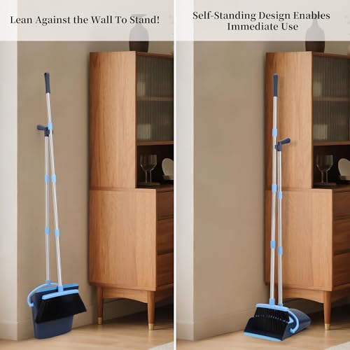 Broom and Dustpan Set 52-in Long Adjustable Handle Broom Dustpan Combo - color: Blue