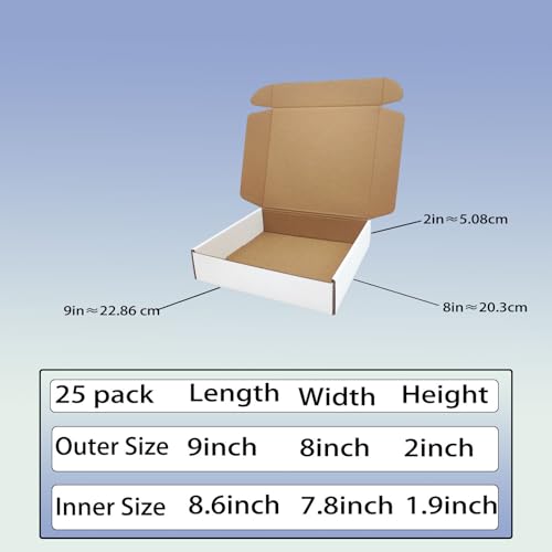 9x8x2 inch Shipping Boxes Set of 25, White Corrugated Cardboard Mailer Box - size: 9x8x2-25 Pack