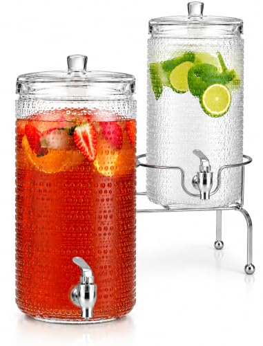 2 PACK-1 Gallon Glass Drink Dispensers for Parties, Hobnail Drink Dispenser, Beverage Dispenser with Stand and Glass Lid, 100% Leakproof Spigot, Perfect For Parties And Daily Use - color: Hobnail Clear-1 Gallon 2-PACK