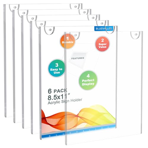 BlueValley Acrylic Sign Holder 8.5 x 11 Wall Mount, Clear Picture Frame Photo Holder Stand for Wall with Adhesive & Screws, Plastic Paper Menu Holder for Office,Store,Home-Vertical 6 Pack