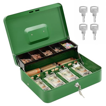 Cash Box with Money Tray and Lock, Metal Money Box for Cash Register 4 Keys - color: Green