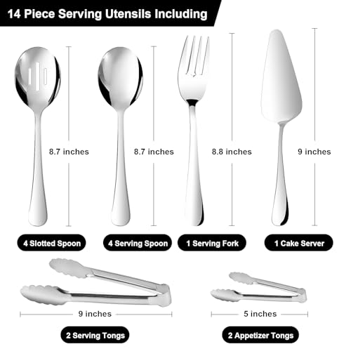 14PCS Serving Utensils - Hostess Serving Utensils Set, Premium Stainless Steel 8.7 inch Serving Utensils, Slotted Spoons, Fork, Tongs, Cake Pie Server for Buffet, Wedding, Dinner (Silver) - color: Silver