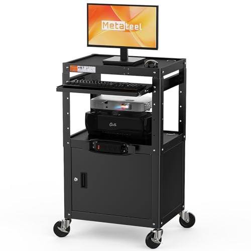 Steel Large AV Cart with Extra Storage - Adjustable Height Cart with Locking Cabinet, Pullout Tray, Power Strip, and Cord Management - Holds 300 lbs and Easy to Assemble (24'' x 18'' x 42'') - style: AV Cart with Storage(M-AV-G)
