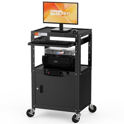 Steel Large AV Cart with Extra Storage - Adjustable Height Cart with Locking Cabinet, Pullout Tray, Power Strip, and Cord Management - Holds 300 lbs and Easy to Assemble (24'' x 18'' x 42'') - style: AV Cart with Storage(M-AV-G)