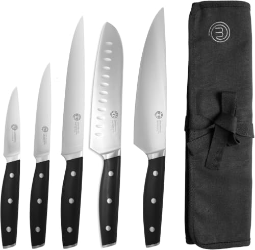 MasterChef Chef Knife Set with Bag, Knife Roll Set with 5 Professional Quality Kitchen Knives for Precision Home Cooking, High Carbon Stainless Steel Blades & Triple Riveted Handles (Pack of 6) - size: 5pc (Pack of 6), style: Knife Roll Set