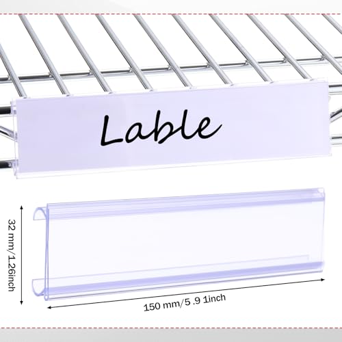 Kathfly 100pcs Wire Shelf Label Holders with 100pcs Paper Inserts 6in Lx1.25in H Plastic Wire Rack Label Holder Shelf Tags Clear Plastic Basket Display Clips Removable Compatible with 1-1/4in Shelves