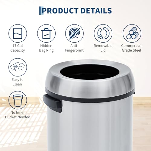 Garvee 17 gal/65 L Trash Can, Fingerprint-Proof Stainless Steel Open Top Garbage Can, Heavy Duty Commercial Round Trash Bin for Restaurant, Home, Office, Silver - color: Silver, size: 17 Gallon Open Top