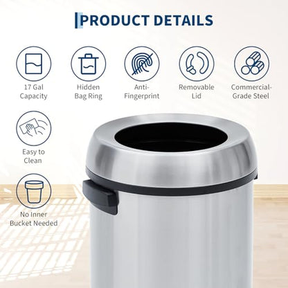 Garvee 17 gal/65 L Trash Can, Fingerprint-Proof Stainless Steel Open Top Garbage Can, Heavy Duty Commercial Round Trash Bin for Restaurant, Home, Office, Silver - color: Silver, size: 17 Gallon Open Top