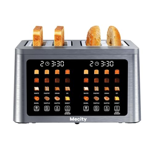 Mecity 4 Slice Toaster Wide Slot, Auto Lift Keep Warm Smart Toaster with Touch Screen, Dual Control Panel, Defrost, Auto Shut Off Digital Toasters for Bagel Muffin Waffle Gluten Free Breads1700W 120V - color: 4 Slot-Brushed stainless steel gray