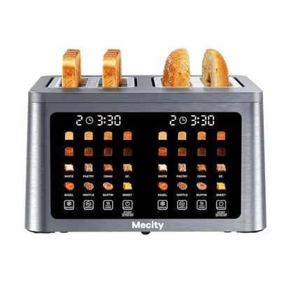 Mecity 4 Slice Toaster Wide Slot, Auto Lift Keep Warm Smart Toaster with Touch Screen, Dual Control Panel, Defrost, Auto Shut Off Digital Toasters for Bagel Muffin Waffle Gluten Free Breads1700W 120V - color: 4 Slot-Brushed stainless steel gray