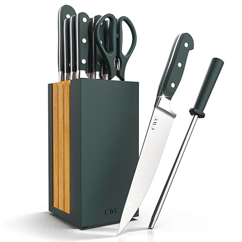 COOK WITH COLOR 14 Pieces Kitchen Knife Block Set, Knives for Kitchen, Forged Cutlery with Razor-Sharp High Carbon Steel Blades, Magnetic Block - color: Green