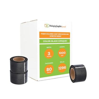 PSBM Dark Black Mini Stretch Wrap with Plastic Handle, 1296 Rolls 3 Inch x 1000 Feet 80 Gauge Heavy Duty Plastic Wrap Industrial Strength Shrink Film for Moving, Packing & Shipping - color: Black, size: 1296 Rolls