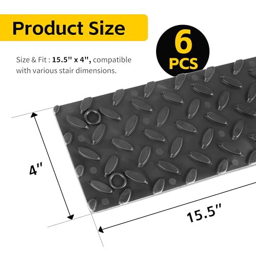 MaxxHaul 51094 6 PCS Rubber Stair Tread for Stairs & Steps, Skid Resistant Indoor and Outdoor Stair Treads, Self-Adhesive Rubber Safety Mats with Non-Slip Tread Surface, 15.5" x 4" Each, Black