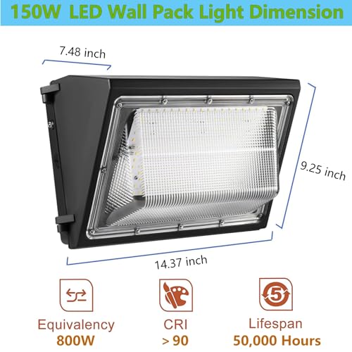 4PACK Dusk to Dawn 150W LED Wall Pack Light Fixture, 19500LM 800-1000W HPS/HID Equivalent, 5000K Daylight Commerical/Industrial Outdoor Security Lighting, ETL for Parking Lot,Warehouse,Entrance - size: 150W