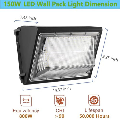 4PACK Dusk to Dawn 150W LED Wall Pack Light Fixture, 19500LM 800-1000W HPS/HID Equivalent, 5000K Daylight Commerical/Industrial Outdoor Security Lighting, ETL for Parking Lot,Warehouse,Entrance - size: 150W