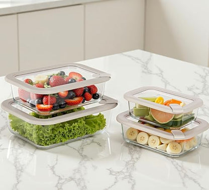 Glass Food Containers with Glass Lid, Microwave Safe Food Storage Container Set, 4 Pack, Airtight Storage Set with Leak Proof Lids, Meal Prep Containers - color: Grey-J4R